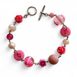 Handmade pink button and roses silver bracelet